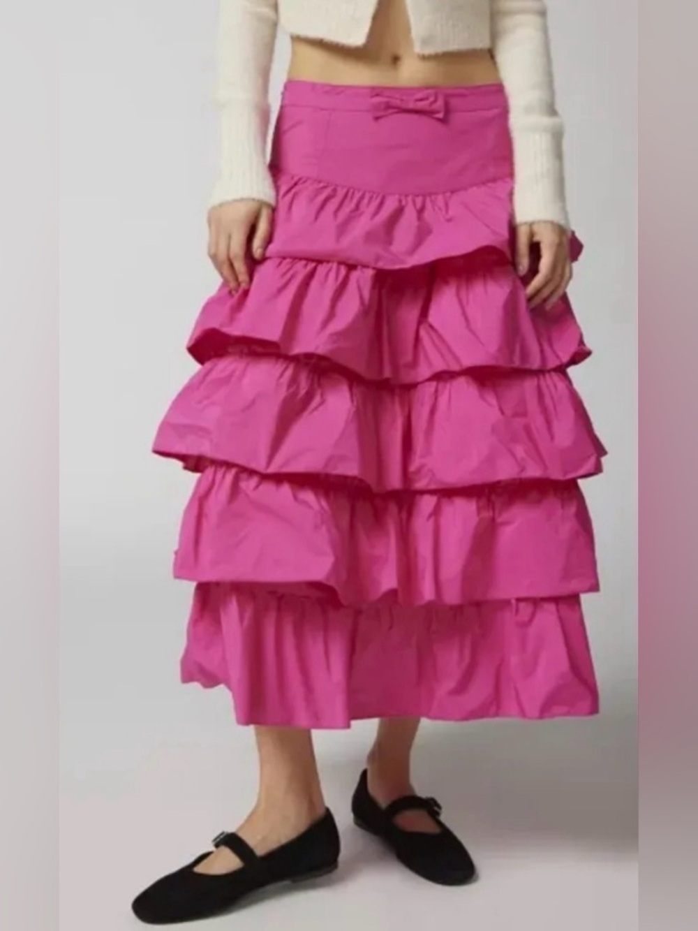 Urban Outfitters Midi Rainee Tiered Hot Pink Ruffle A-Line Skirt Coquette Barbie